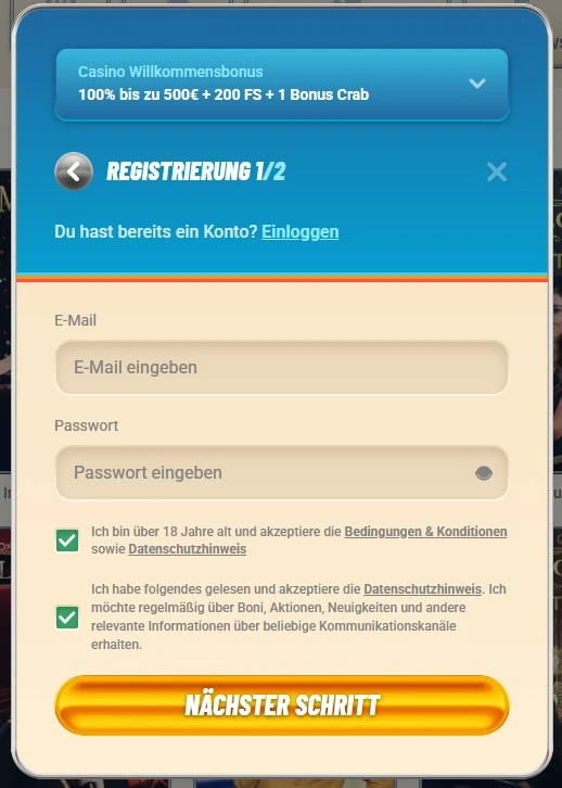 Registrierung und Anmeldung bei Vegasino